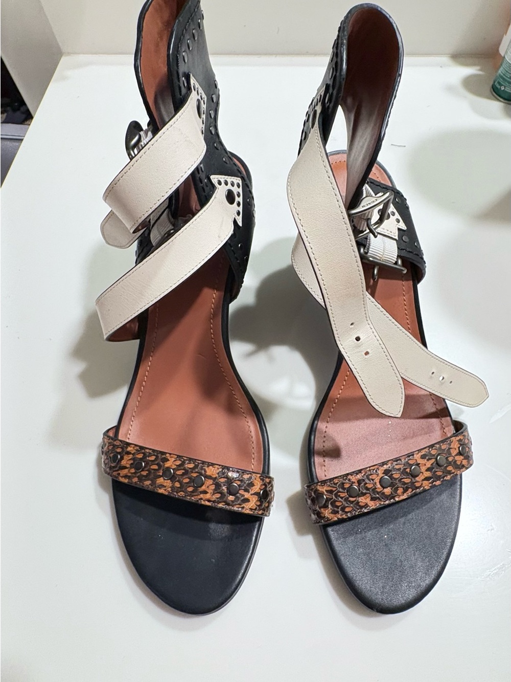 Coach Black, Cream & Brown Wedge Sandals with Leopard-Print Strap